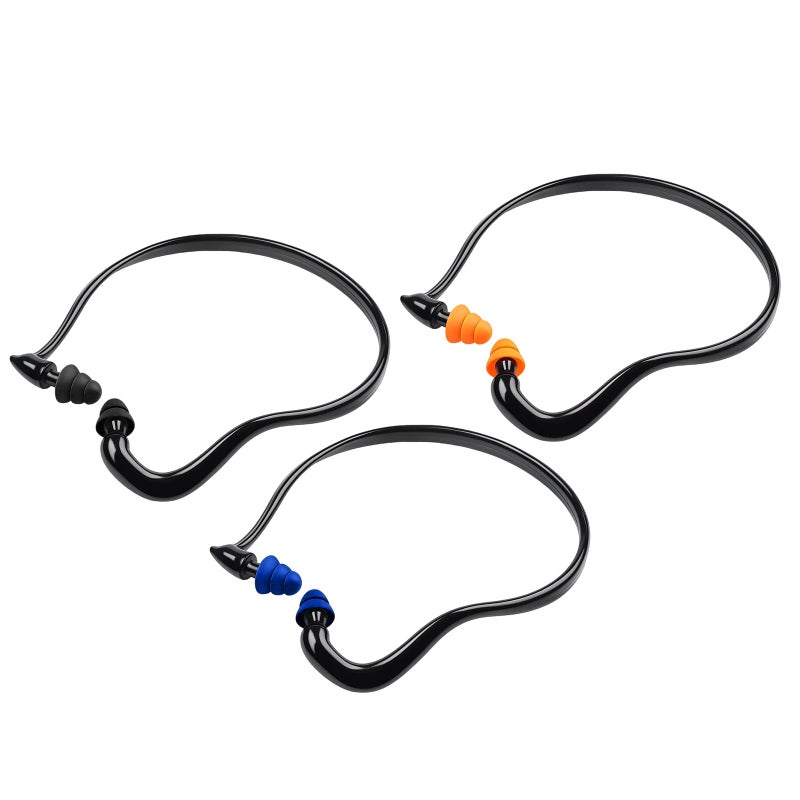 Ear Defenders Adults, 6 Pairs Banded Ear Plugs, for Swimming, Work, Construction, Automotive, Industrial Use, Black Frame with Orange, Blue, Black Earplugs
